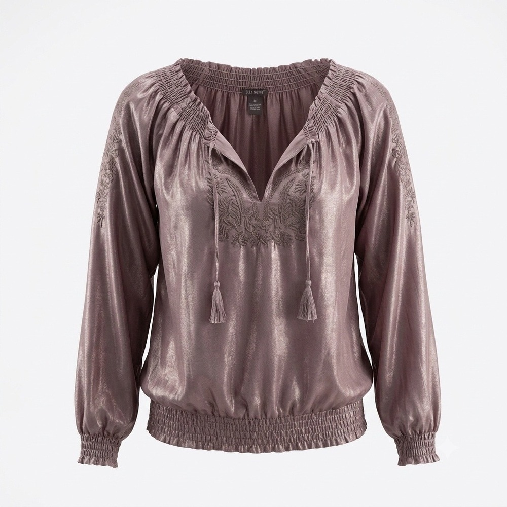 Ella Rodriguez Womens Blouse‎ Size M Metallic Taupe Embroidered Smocked Peasant